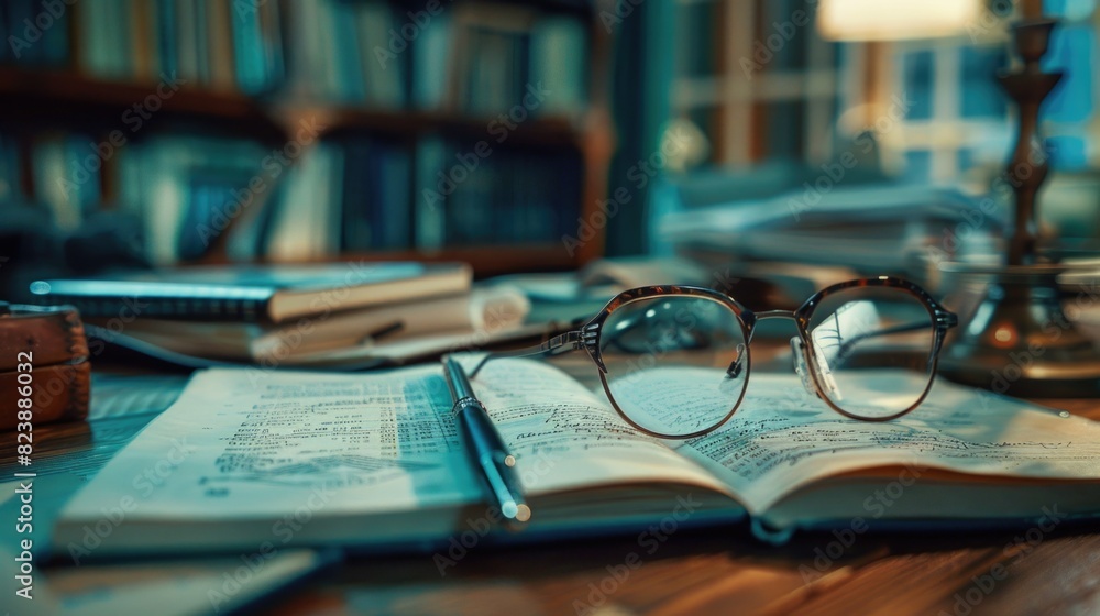Poster An open book with a pair of glasses on top of it. Ideal for educational and reading concepts