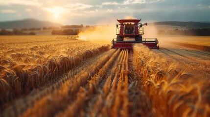 A combine harvesting wheat in a field during the picturesque golden hour, with dust in the air - Powered by Adobe