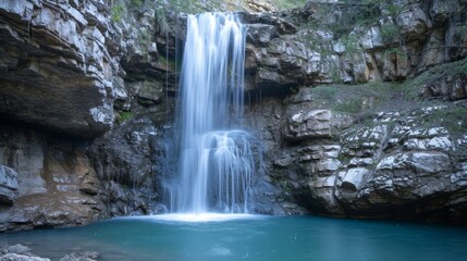 A stunning secluded waterfall flows powerfully into a turquoise pool within a rugged, rocky canyon, showcasing dramatic natural beauty.