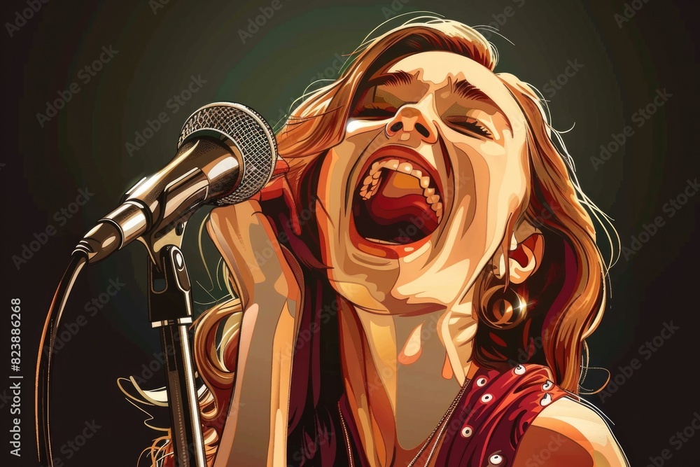 Poster woman singing into a microphone. perfect for music and performance concepts