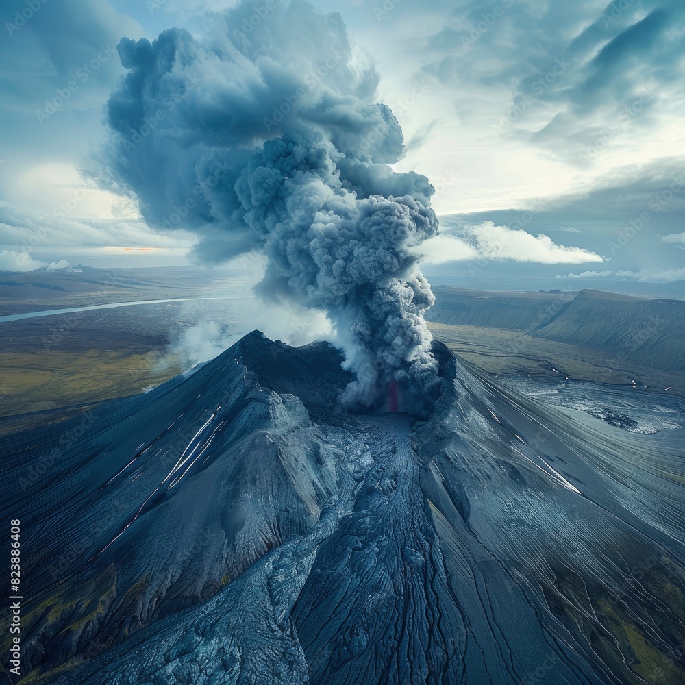 Wall mural a majestic view from above of huge cone shaped volcanic eruption in iceland with smoke and ash risin