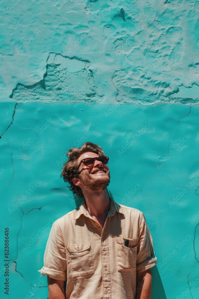 Poster a man standing in front of a blue wall. suitable for business or technology concepts