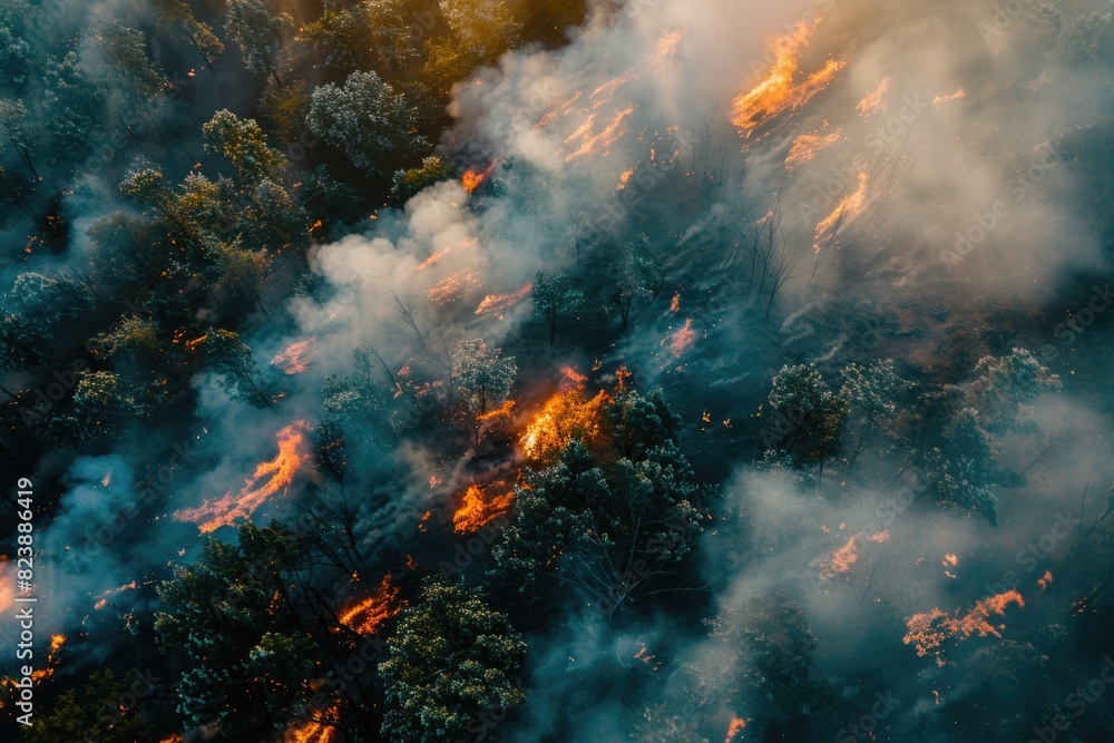 Poster A devastating forest fire captured from above. Suitable for environmental and emergency preparedness concepts