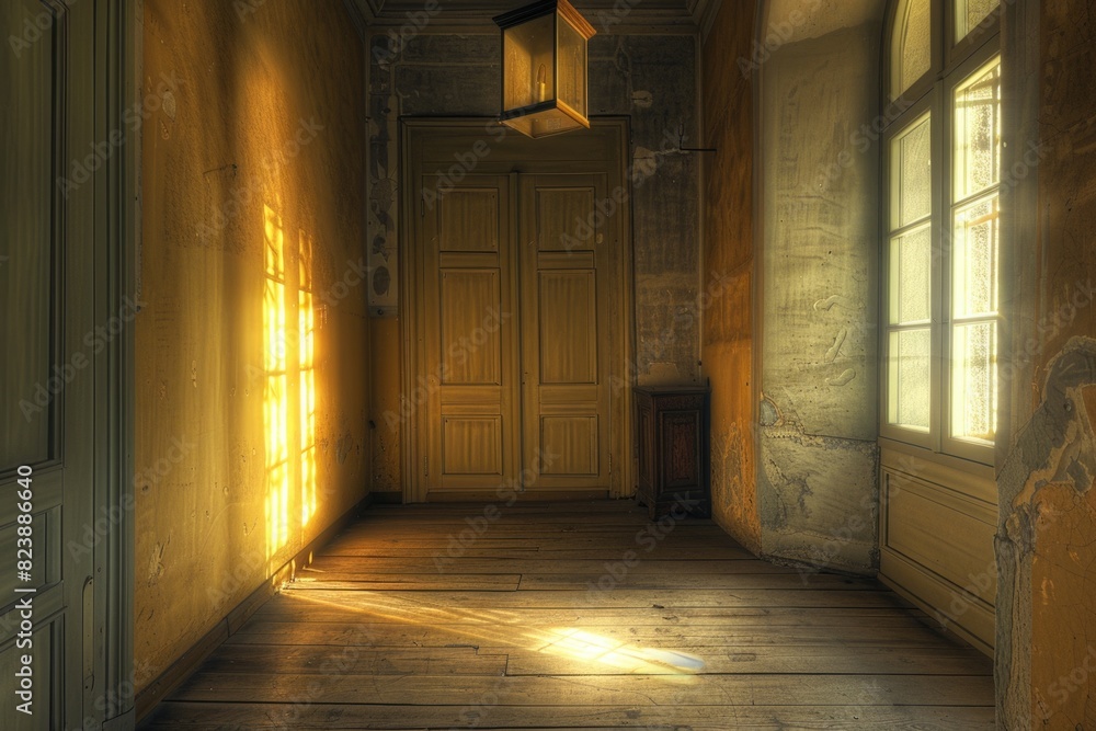 Poster a simple room with wooden floor and a door. suitable for various interior design concepts
