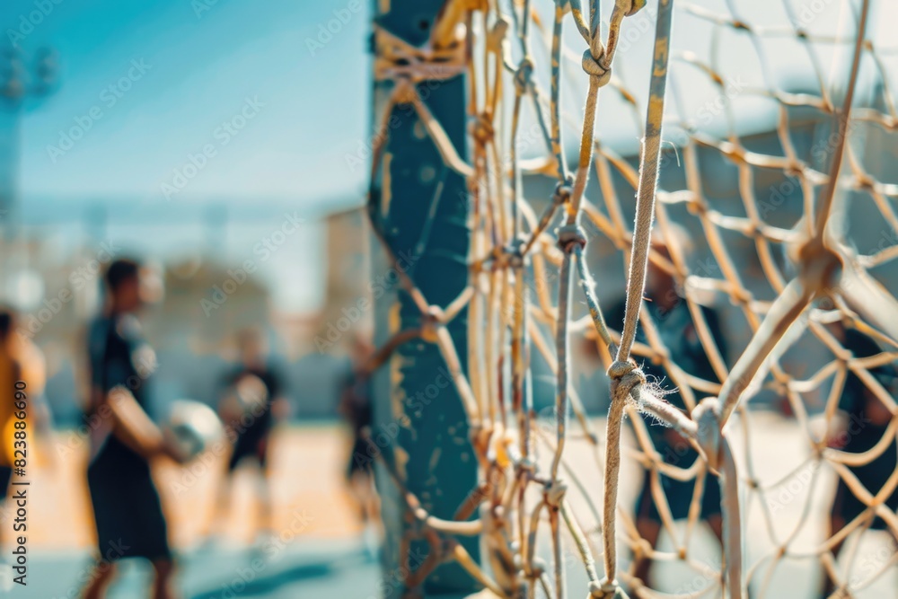 Poster close up of a basketball net with people in the background. suitable for sports and recreational the