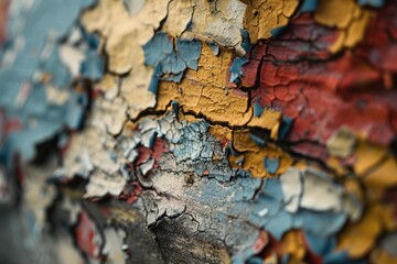 A close-up of a peeling paint surface, showcasing the textures and layers of colors for an abstract feel." 