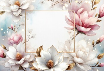 Elegant floral frame with magnolia blooms in soft pastel colors, perfect for wedding invitations, greeting cards, and romantic backgrounds.