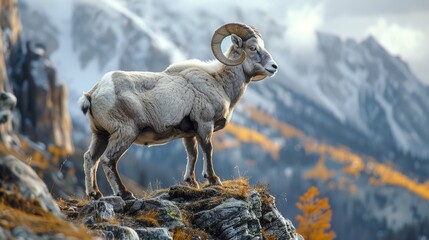 Mountain White Goat Standing Alone on Rocky Ledge, To provide an exciting and nature enthusiasts