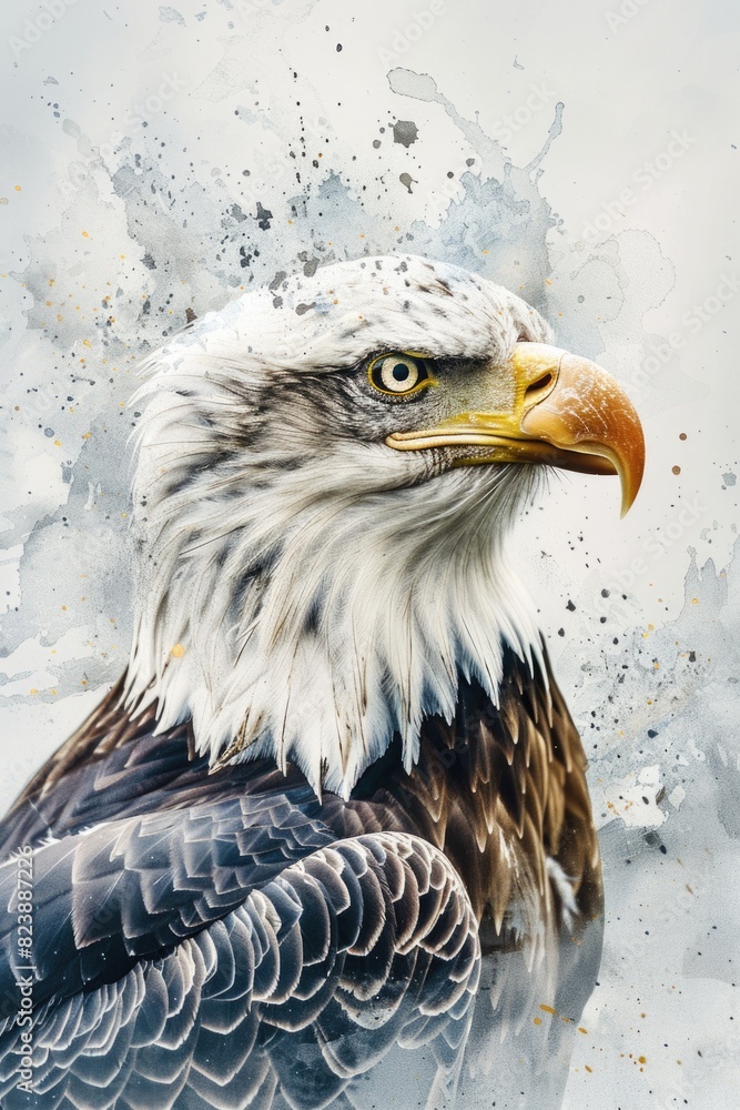 Poster a majestic bald eagle covered in colorful paint splatters. suitable for artistic projects