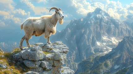 Mountain White Goat Standing Alone on Rocky Ledge, To provide an exciting and nature enthusiasts