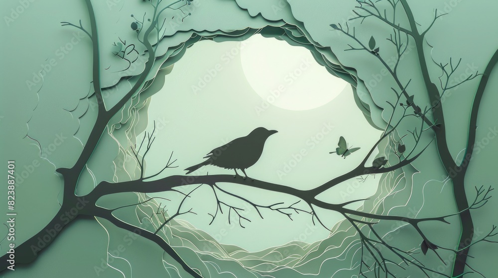 Poster a bird perched on a branch in front of a full moon. suitable for nature or nighttime themed designs