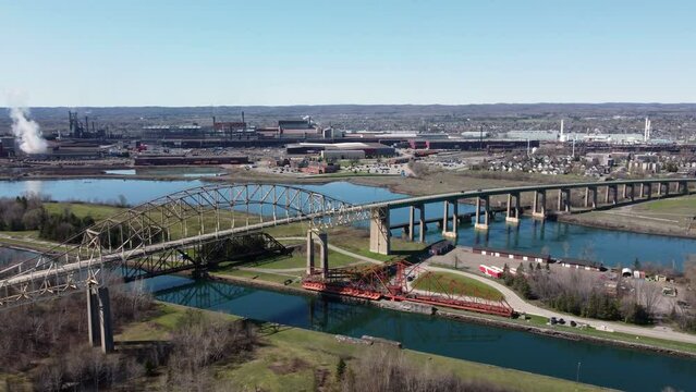 Sault Ste. Marie Canada Bridge and manufacturing drone shot three