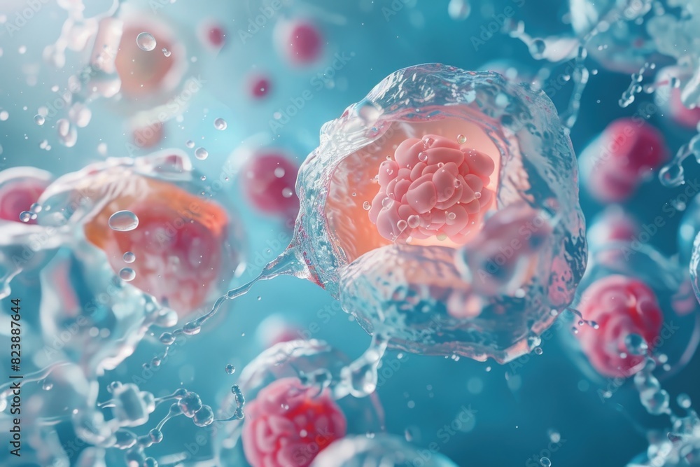 Poster close up image of cells floating in water. suitable for science and research concepts