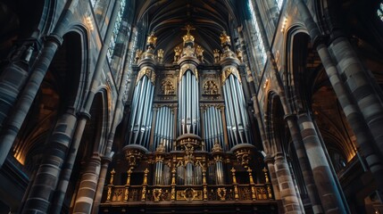 A large pipe organ in a church, suitable for religious publications