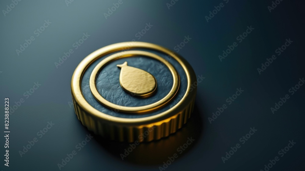 Poster close up of a shiny golden button on a sleek black background. suitable for fashion or luxury design