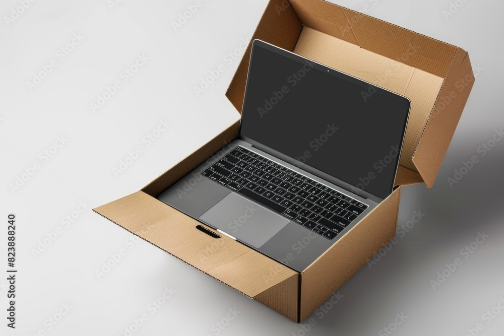 Poster A laptop placed inside an open box. Suitable for technology concepts