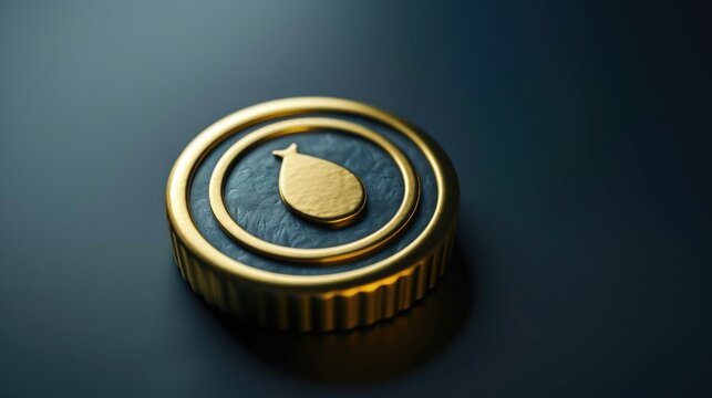 Close up of a shiny golden button on a sleek black background. Suitable for fashion or luxury design concepts