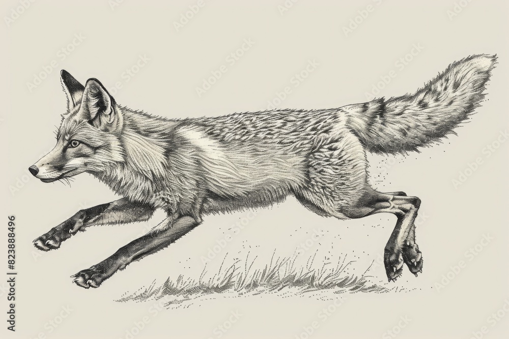 Poster a black and white drawing of a fox running, suitable for various design projects