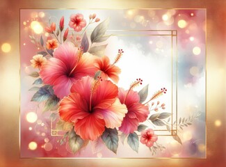 Elegant floral design with vibrant red hibiscus and foliage on a dreamy, soft bokeh background