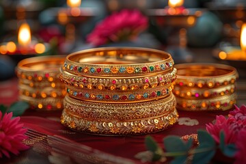 A pair of gold bangles are set on a bed of pink flowers. The flowers are arranged in a way that they complement the gold bangles