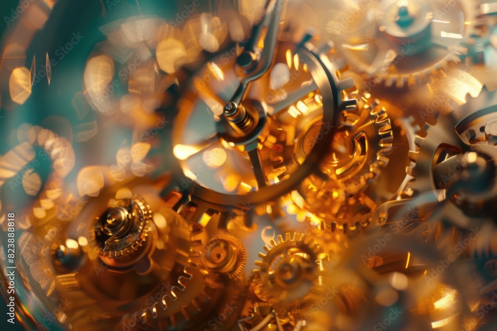 Poster Detailed image of a clock with gold gears, perfect for illustrating time management concepts