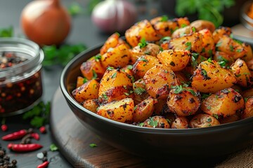 A bowl of spiced potatoes with Indian spices, placed on the table in front view - Powered by Adobe