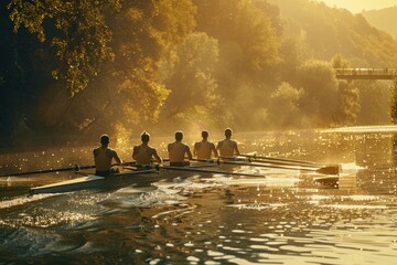 Group of rowers rowing down a river. Suitable for sports or outdoor activities concept