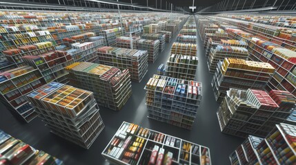 Digital artwork of an expansive, modern library with towering shelves filled with books, under dim lighting