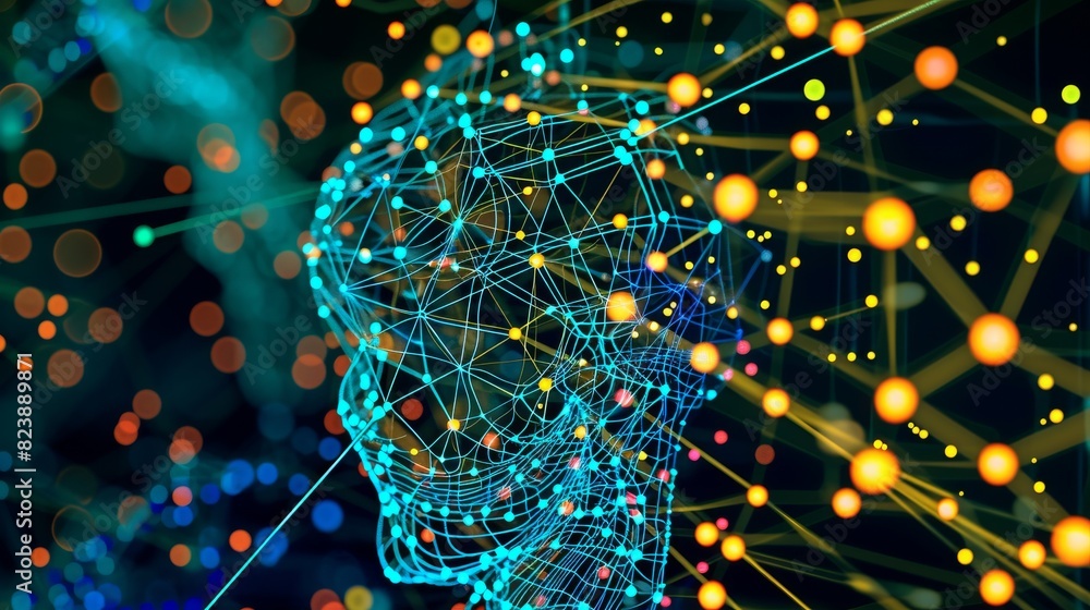 Aufkleber digital art of a human head composed of vibrant network lines and nodes on a dark, colorful backgrou