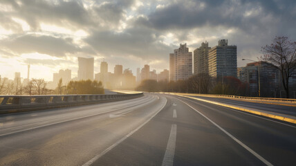 Fototapeta premium curved asphalt highway road and city skyline afternoon light.