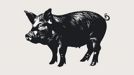 Detailed black and white illustration of a pig. Suitable for educational materials or animal lover websites