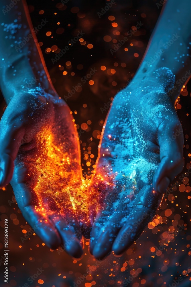 Poster hands holding a glowing fire, perfect for concepts related to warmth and illumination