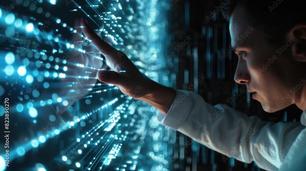 Aufkleber a man pointing at a bright display of lights, suitable for technology concepts