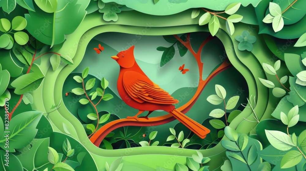 Poster A vibrant red bird perched on a tree branch. Perfect for nature themes