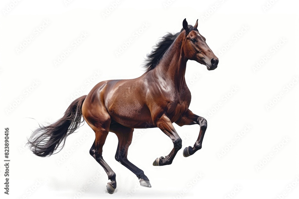 Poster a beautiful brown horse running on a plain white background. suitable for various design projects