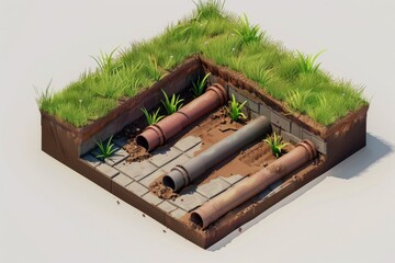 A group of pipes laying in the dirt. Suitable for industrial concepts