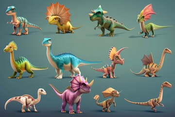 A group of cartoon dinosaurs standing together. Perfect for children's educational materials