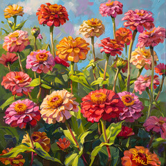 Burst of Colors: Lush and Vibrant Zinnia Flower Garden under the Clear Blue Sky