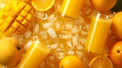 an advertising layout for a mango and orange flavored fruit juice on ice. modern. minimal. colorful. eye catching. leave space in center of layout for text

