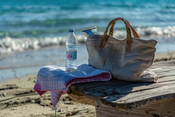 Serenity by the Shore: Water Bottle and Bag Resting on Beach