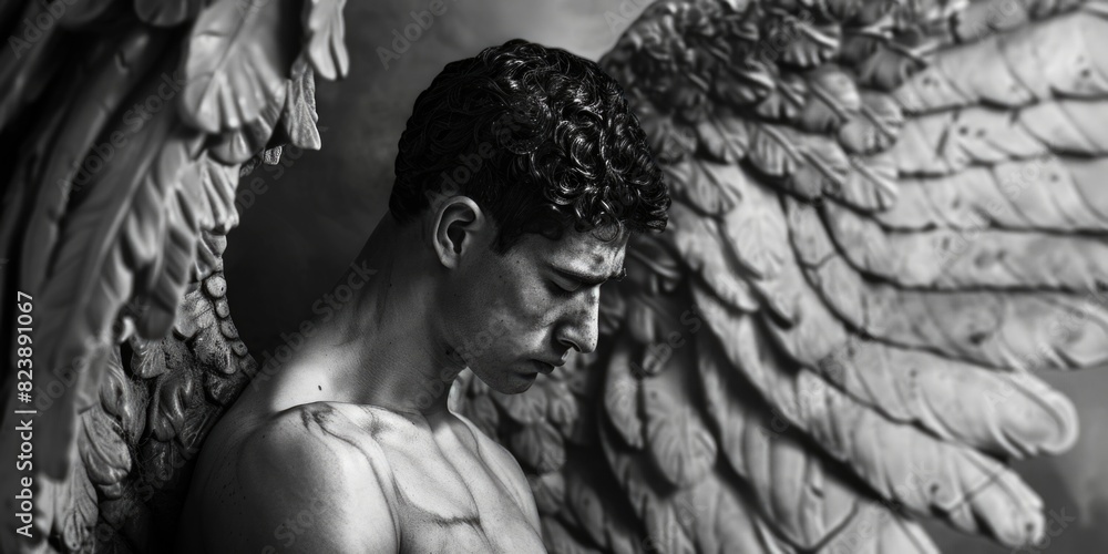 Poster a black and white photo of a man with wings. suitable for various design projects
