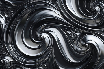 Elegant swirling patterns in shades of black and silver, creating a sophisticated, modern abstract background,