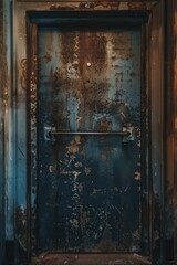 An image of a door with a rusted metal frame in an old building. Suitable for architectural and urban exploration themes