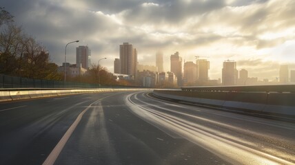Obraz premium curved asphalt highway road and city skyline afternoon light.