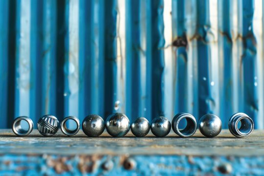 Row of metal knobs on wooden surface. Suitable for furniture or DIY projects