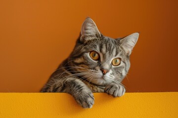 A cat sitting on top of a bright yellow wall, suitable for various design projects