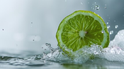 green lemon falls into the water, white background