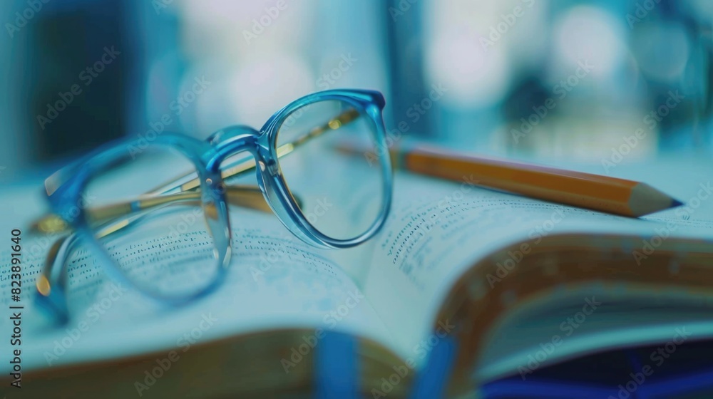 Poster a pair of glasses resting on an open book. ideal for educational or reading concepts