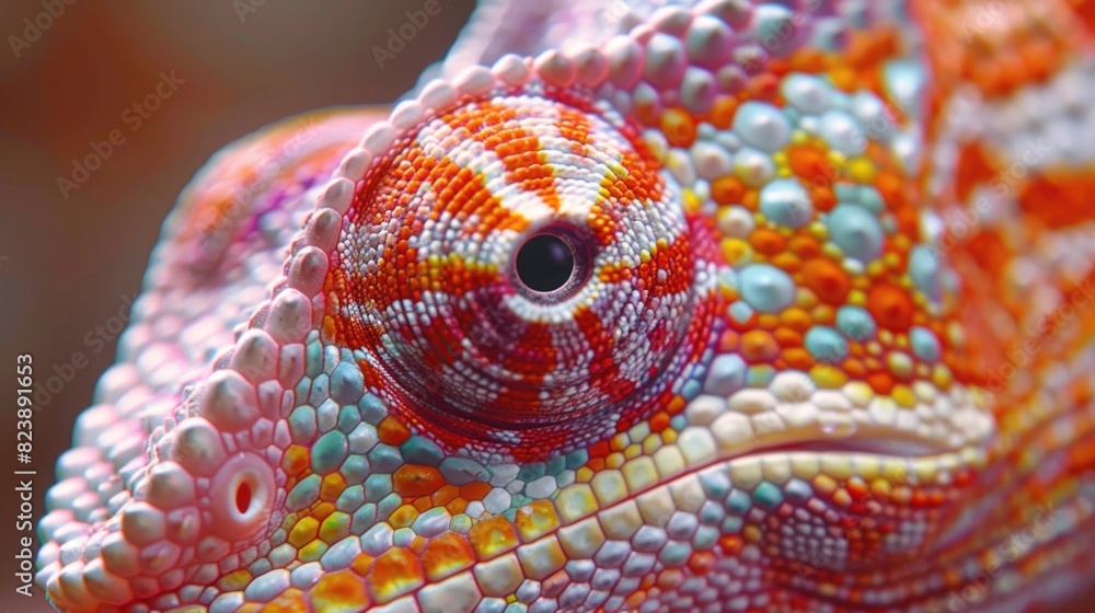 Poster close up of a colorful chameleon's face. perfect for nature and wildlife projects