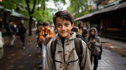 Fototapeta premium A school-aged boy with a backpack smiles on a campus, surrounded by peers, indicating a return to school or a break time